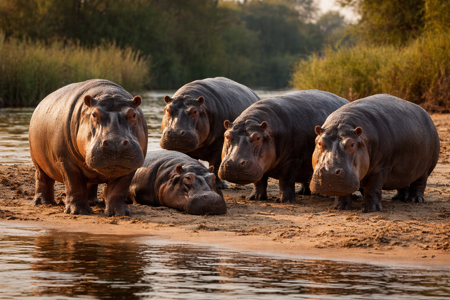 Группа бегемотов на берегу